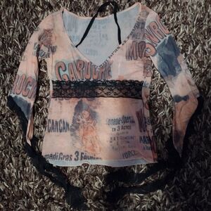 Sheer Sexy Moulin Rouge Graphic Print Top with Lace Detail